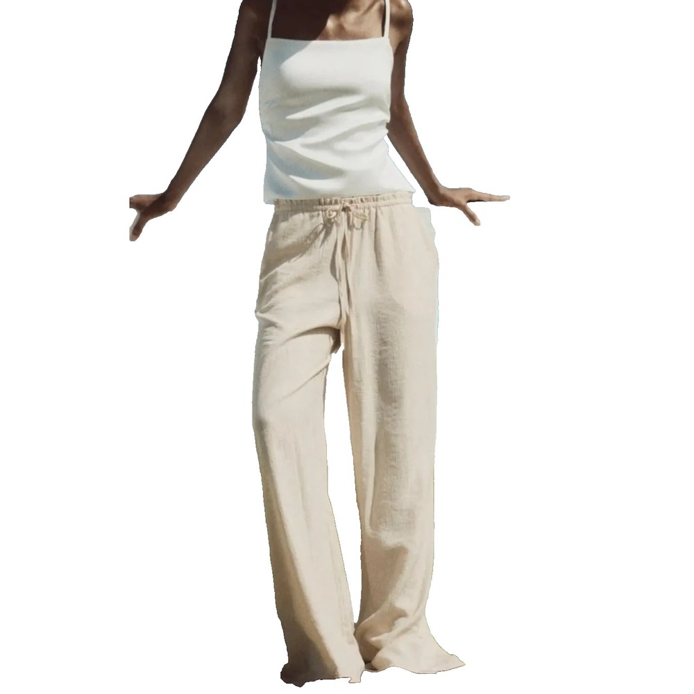 Zara Pants Crinkle Texture Wide Leg Stretch Waist Cream Beige